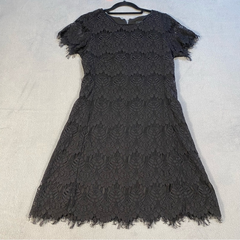 Karen Kane Women’s Black Lace Short Sleeves A-line Dress, lined, back zipper, S